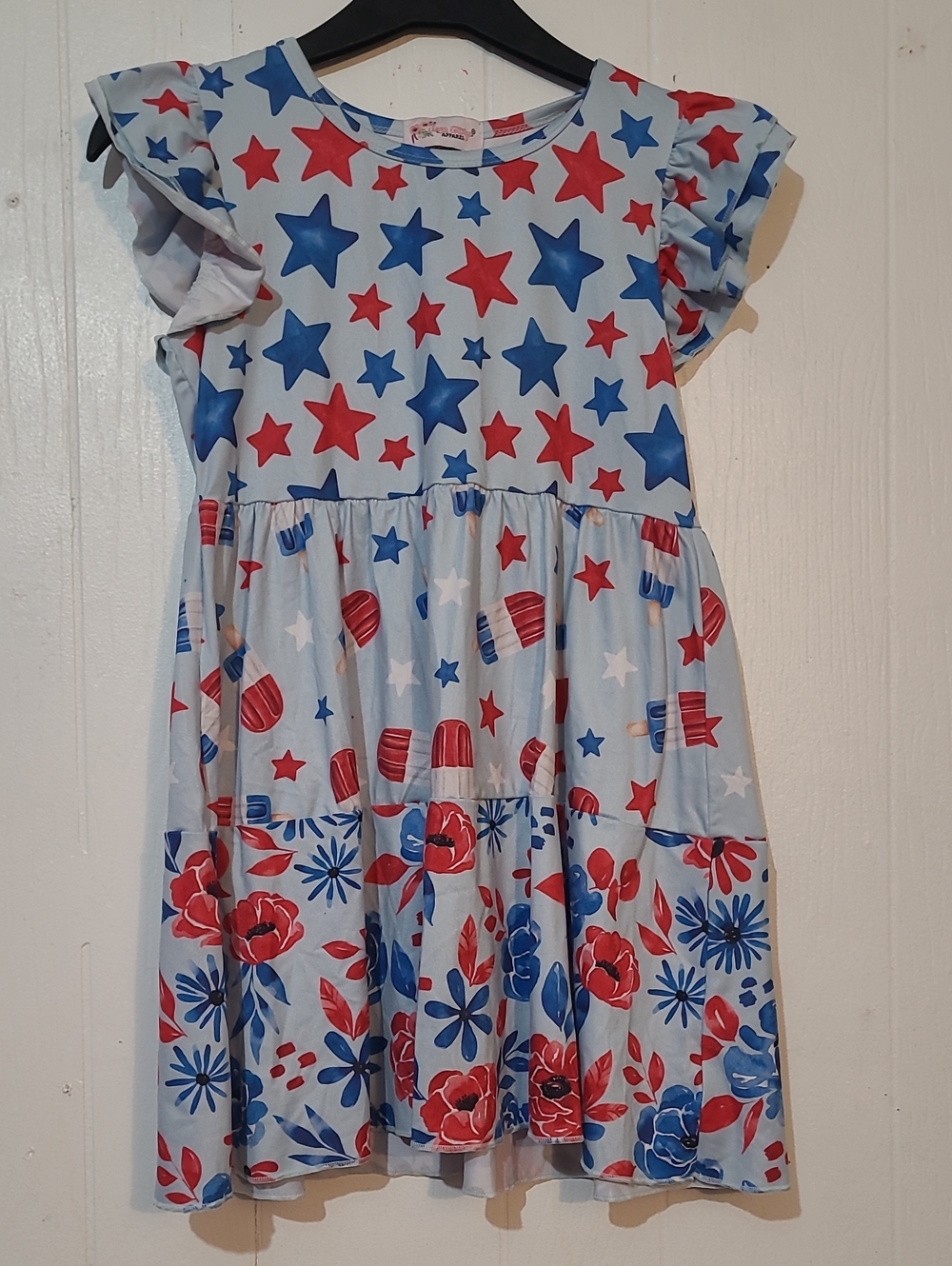 Clover Cottage Girls' 7/8 Star & Floral Casual Dress with Red & Blue Accents